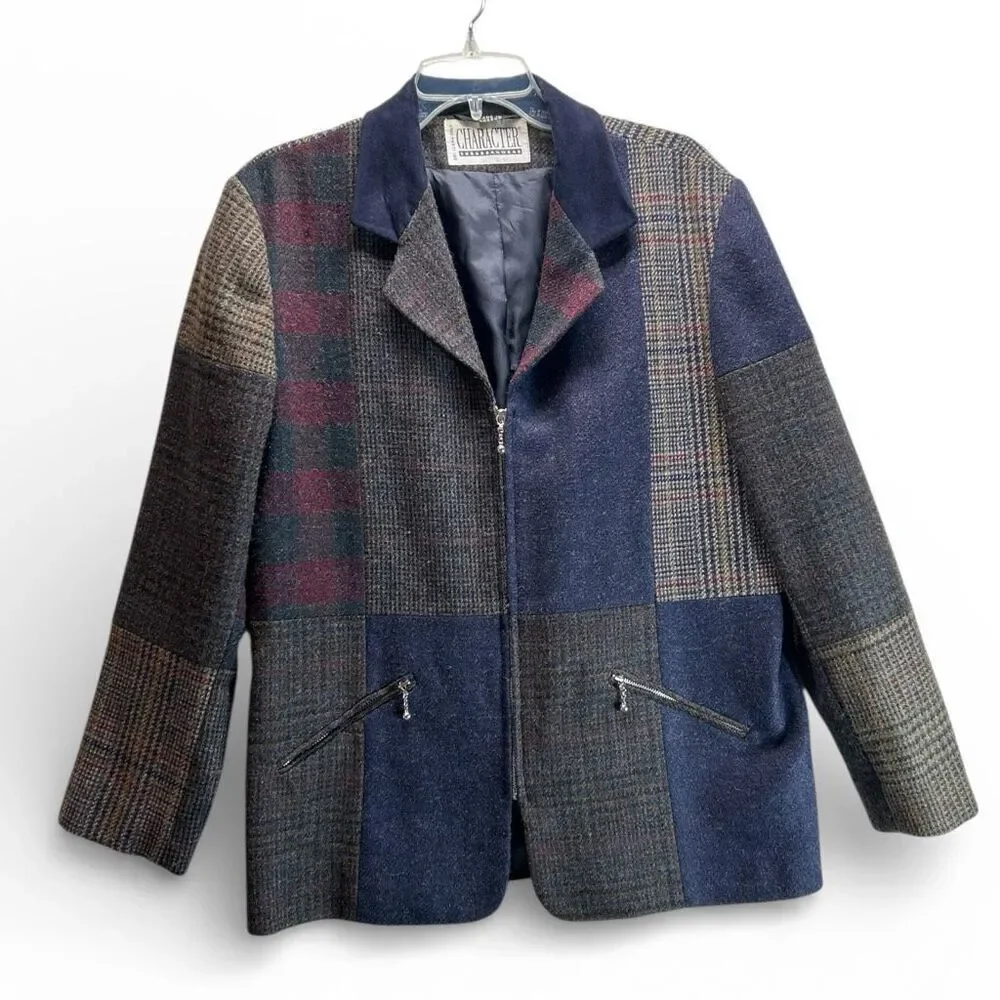 Patchwork Wool Jacket Blue Plaid Zip Front Vtg10 Dark Academia Quiet Luxury